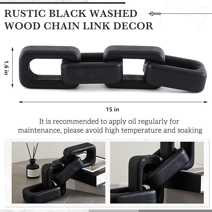 Bucherry 4 Link Wood Knot Decor - Modern Coffee Table Decoration Black Chain Decor Rustic Objects for Bookshelf Home Living Room Bedroom