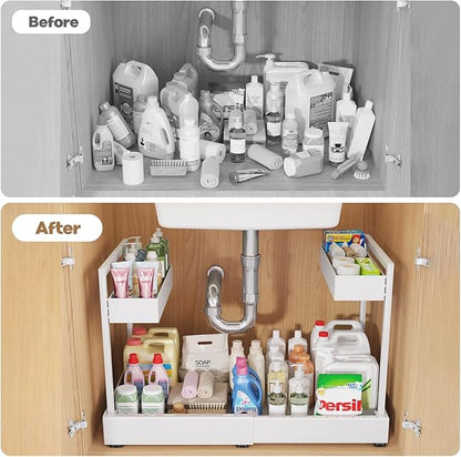 Expandable Under Sink Organizer with 3 Ball-Bearing Slide Rails, 2-Tier Pull-Out Under Cabinet Storage Shelf for Kitchen & Bathroom, Height-Adjustable Slide-Out Cabinet Drawer （White, 1-Pack）