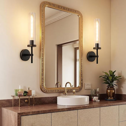 19.5" Knurled Brass Wall Sconces Set of 2, Black Gold Bathroom Vanity Light Fixtures with Clear Glass Tube, Modern Lamp Lighting for Bedroom, Living Room, Hallway, Staircase, Mirror, Kitchen