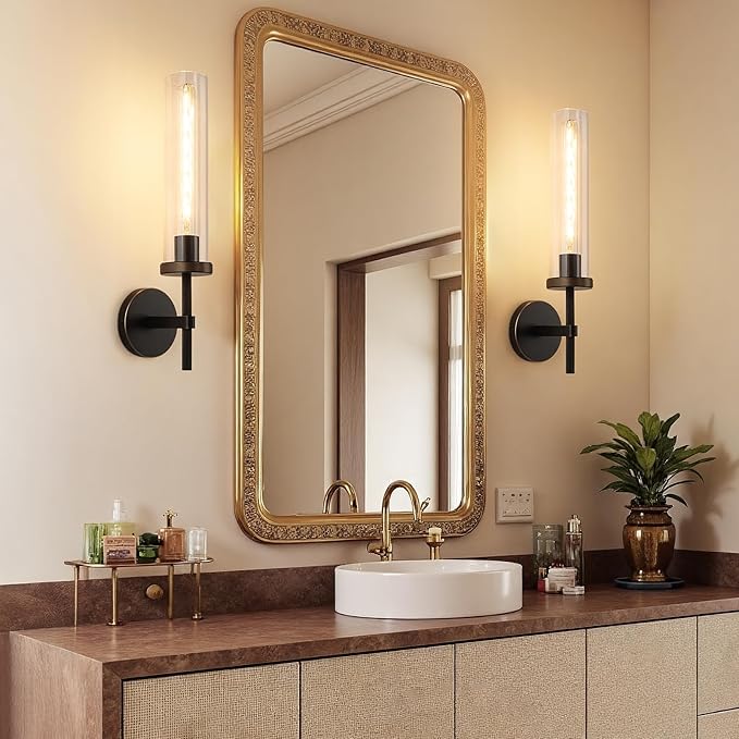 19.5" Knurled Brass Wall Sconce with Clear Glass Tube, Black Gold Bathroom Vanity Light Fixtures, Modern Lamp Lighting for Bedroom, Living Room, Hallway, Staircase, Mirror, Kitchen