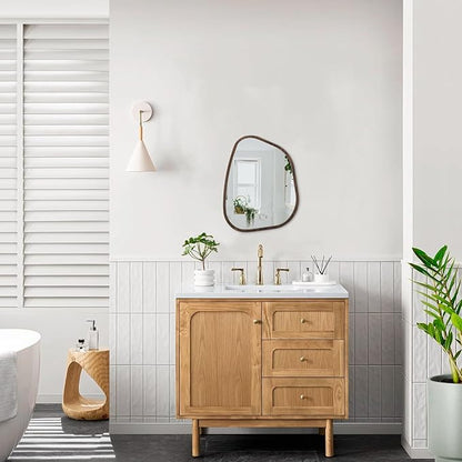 Asymmetrical Wall Mirror Irregular Wood Frame Modern Unique Wall-Mounted Artistic Wavy Mirror Decor Bathroom Vanity Bedroom Living Room Entryway Hallway 14"x10"