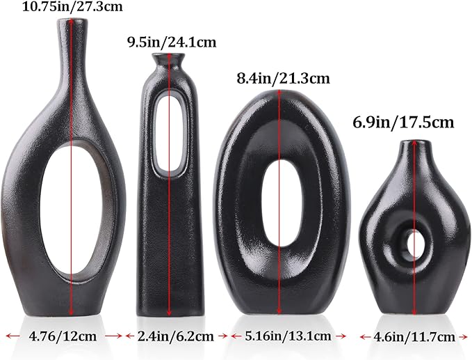 Black Ceramic Vase Set of 4 - Round Hollow Boho Vases for Pampas Grass and Flowers Decor, Modern Minimalist Small Vases for Living Room, Bedroom, Fireplace, Coffee Table Decor, and Centerpieces