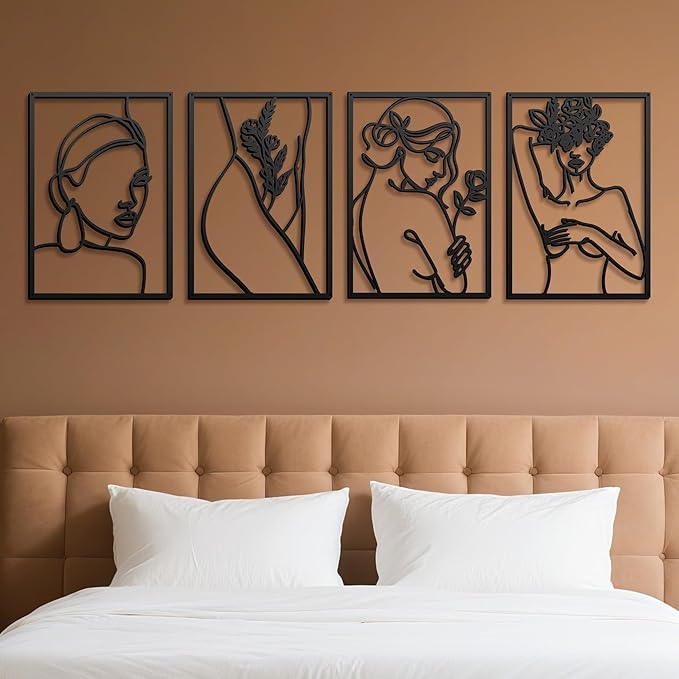 Eilopaa 4 Pack Black Wall Art Décor for living room, Metal Minimalist Abstract Wall Décor bathroom, Single Line Woman's Body Shape Modern Wall Art, Size 17 X 11.8 inches