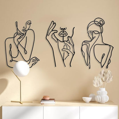 Photect 3 Pcs Metal Wall Art Decor Minimalist Abstract Woman Wall Art Metal Modern Line Drawing Decor Female Single Line Home Hanging for Bedroom Bathroom Living Room Christmas Housewarming(Cute)