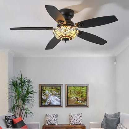 Tiffany Ceiling Fans with Lights - 48" Ceiling Fan Chandelier with 5 Dual-Blades and Glass Shade, 6 Speeds and Reversible, Indoor and Outdoor, Retro Style