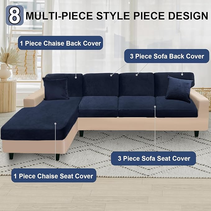 NAISI Sectional Couch Covers 8 Pieces Velvet Couch Cushion Covers L Shape Soft Stretch Sofa Slipcovers with 2pcs Pillowcases for Left/Right Chaise Sectional Couch(3 Seater+1 Chaise+4 Back,Navy)