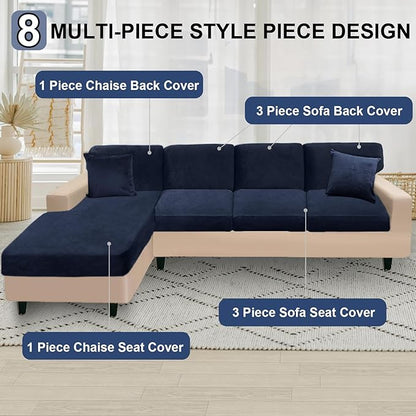 NAISI Sectional Couch Covers 8 Pieces Velvet Couch Cushion Covers L Shape Soft Stretch Sofa Slipcovers with 2pcs Pillowcases for Left/Right Chaise Sectional Couch(3 Seater+1 Chaise+4 Back,Navy)