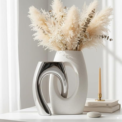 Ceramic Vase Set of 2 by DecoVlog, White and Silver Hollow Living Room Decor Vase, Minimalist Decorative Modern Boho Vase for Table Centerpiece Wedding Dining Living Room Office House Decoration