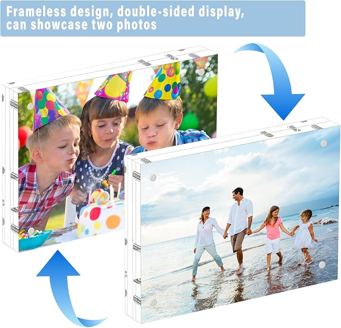 HELPLEX Acrylic Frame, 5 Pack 8x10 Picture Frames, 20mm Thicker Frameless Clear Frame Double Sided Magnetic Frame, Free Standing Desktop Display Stand Acrylic Frames
