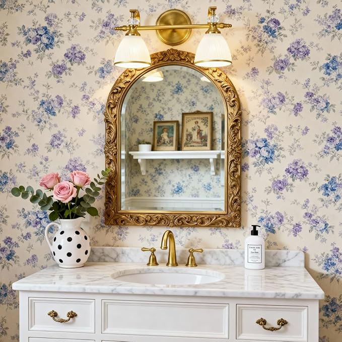 ANDY STAR Gold Vanity Light, 2-Light Brushed Gold Bathroom Light Fixtures, Vintage Bathroom Light with Milky White Bell Glass Shades, Eye-Friendly Wall Sconce for Mirror, Kitchen, Bedroom, Hallway
