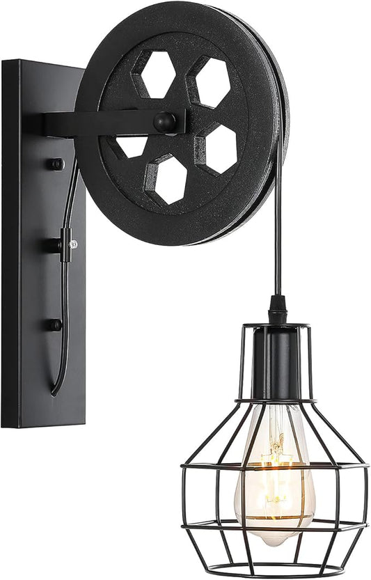 1-Light Rustic Wall Light Lift Pulley with Matte Iron Cage Lampshade Industrial Mid Century Sconce for Indoor Lighting Barn Restaurant (Black Color)