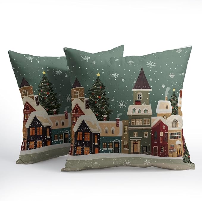 Christmas Snoflake Pillow Covers 16x16 Set of 2 Green House Throw Pillow Covers Winter Pillowcase Linen Decoration Farmhouse Cozy Soft Cushion Case Couch for Indoor Outdoor Home Decor