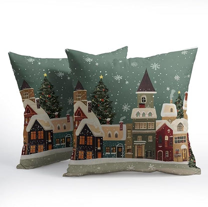 Christmas Snoflake Pillow Covers 16x16 Set of 2 Green House Throw Pillow Covers Winter Pillowcase Linen Decoration Farmhouse Cozy Soft Cushion Case Couch for Indoor Outdoor Home Decor