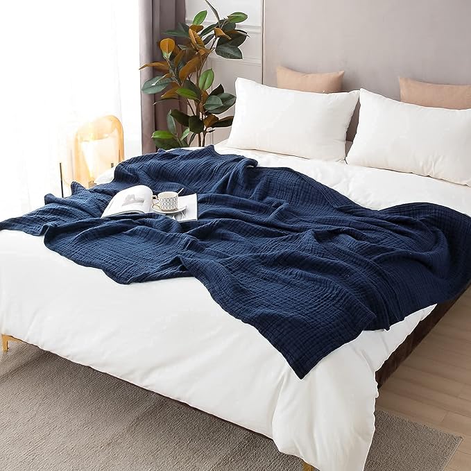 EMME Muslin Blanket 100% Cotton Twin Blankets for Couch Breathable Gauze Blanket All Season Soft and Lightweight Pre-Washed (Navy, 60"x80")
