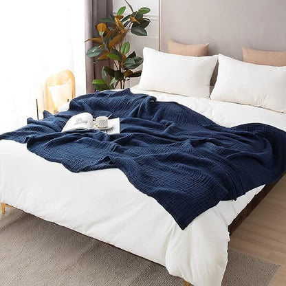 EMME Muslin Blanket 100% Cotton Twin Blankets for Couch Breathable Gauze Blanket All Season Soft and Lightweight Pre-Washed (Navy, 60"x80")