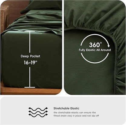 MooMee Bedding Sheet Set 100% Washed Cotton Linen Like Textured Breathable Durable Soft Comfy (Solid Forest Green, Twin)