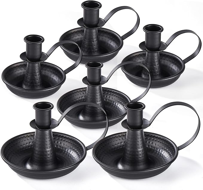 Black Iron Pillar Candlestick Holders, with Handle, Taper Candle Holder for Candlesticks, for Fireplace Party, Dining, Home, Wedding Decor,Fits 3/4 inch Thick Candle&Led Candles（Set of 6 Pcs）