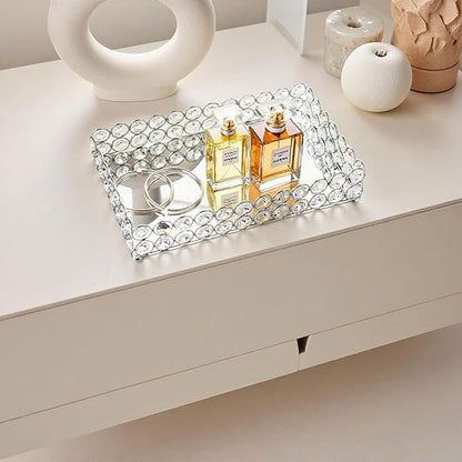 Feyarl Crystal Perfume Tray Cosmetic Makeup Vanity Tray Jewelry Trinket Rings Earrings Organizer Decorative Tray Storage for Home Deco Wedding Dresser Tabletop Girl Women Gift(10" x 6 "Silver)