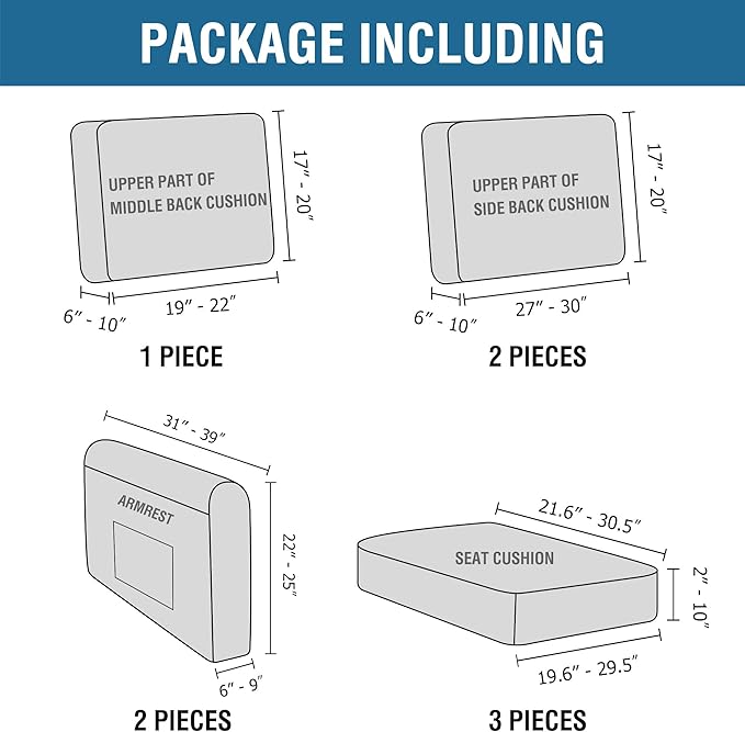 H.VERSAILTEX Multi-Pieces Sofa Covers Stretch Couch Covers Form Fitted Seats and Back Cushions Covers (3 Seat Covers Plus 3 Back Cusion Covers, Bonus 2 Armrest Covers), Dusty Blue
