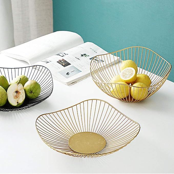 IBWell Short Curved-Edge Modern Creative Stylish Single Tier Dish,Metal Iron Wire Fruit Vegetables Bread Decorative Stand Serving Bowls Basket Holder (Square Dish) (Black)