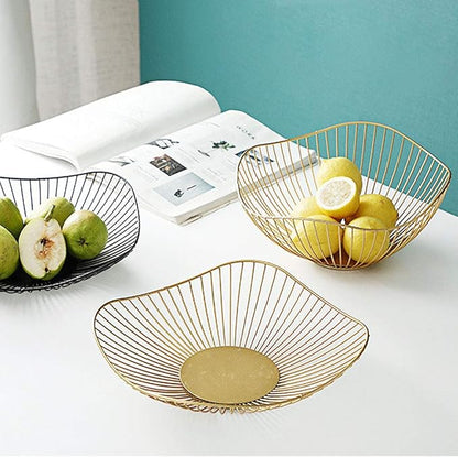 IBWell Short Curved-Edge Modern Creative Stylish Single Tier Dish,Metal Iron Wire Fruit Vegetables Bread Decorative Stand Serving Bowls Basket Holder (Square Dish) (Black)