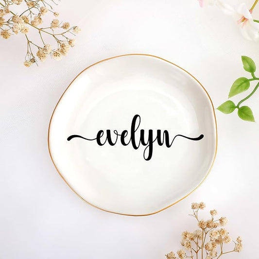 JoycuFF Evelyn Personalized Name Ceramic Jewelry Tray, Mothers Day Christmas Anniversary Engagement Birthday Gifts for Women Couples, Trinket Dish for Rings Earrings Necklaces Bracelets Keys