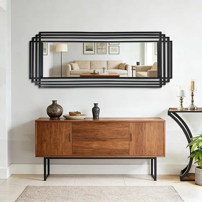 Geometric Mirror with Black Metal Frame, 63"x24" Large Rectangle Art Deco Mirror, Modern Elegant Wall Mirrors for Living Room Bathroom Entryway Hallway, Hangs Vertically or Horizontally