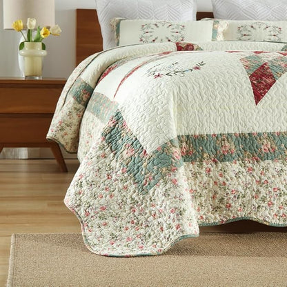 Cotton Bedspread Quilt Bedding Sets, 3 Pieces Reversible Coverlets Comforters Star with Green Floral Real Patchwork Bedspread, King Size