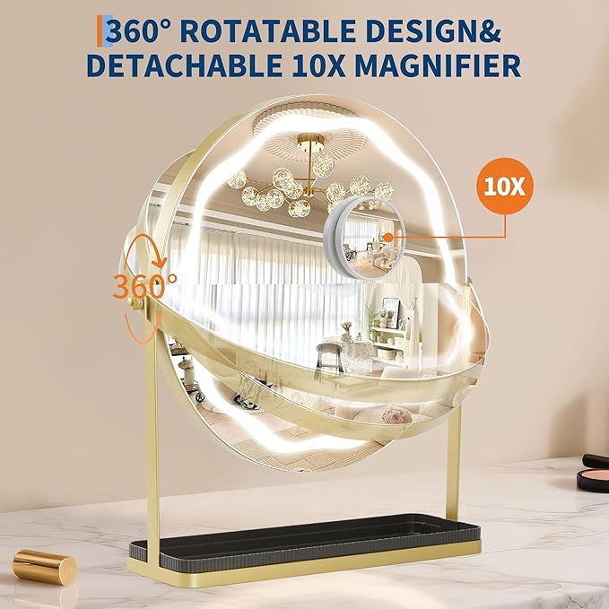IDEALHOUSE Mirror with Lights, Three Color Adjustable LED Lighting, Removable Storage Case, 360° Rotation, Smart Touch Controls, Suitable for Desks/Bedrooms, Easy Assembly, Gold