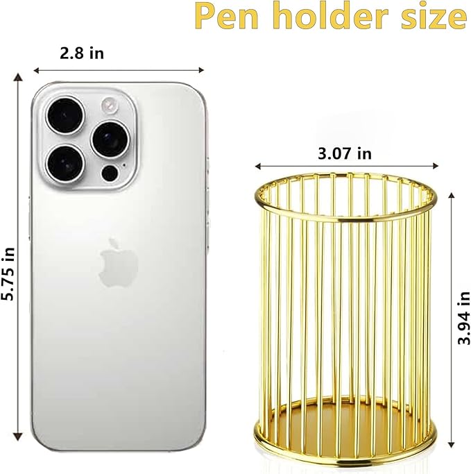 Gold Metal Pen Holder for Desk - Heavy Duty Makeup Brush Organizer Cup with, Pencil Holder for Office & Home, Storage for Stationery/Cosmetics/Art Supplies, Matte Finish, 4.8 Inch (Round)