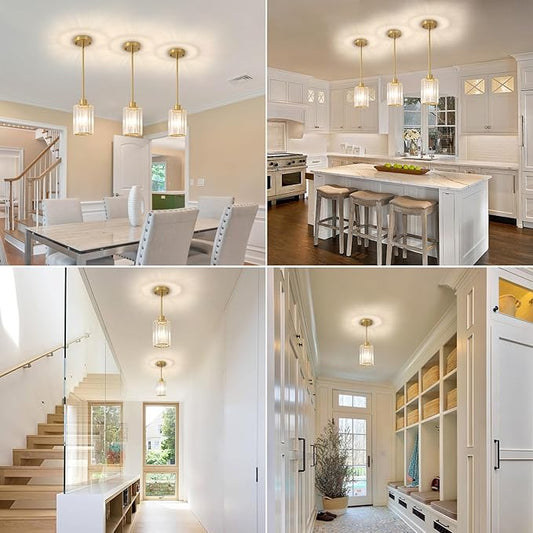 Crystal Pendant Lights, 3 Pack Brushed Gold Pendant Lights for Kitchen Island, Modern Mini Crystal Hanging Light Fixtures for Kitchen, Dining Room, Hallway, Foyer, Entryways