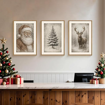 HLNIUC Large Vintage Christmas Framed Wall Art Set of 3, Santa Claus Reindeer Decor, Snowy Xmas Pine Tree Neutral Canvas Art(16x24), Farmhouse Rustic Sketch Prints for Living Room, Bedroom, Office