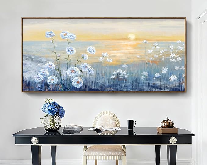 Nicetop Oversized Ocean Sunset Framed Wall Art for Living Room Extra Large Coastal Beach White Flowers Canvas Print Blue Sea Natural Scenery Picture Calm Warm Seaside Artwork for Home Office 86x39inch