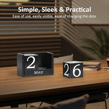 Wooden Block Calendar for Desk, Large Size Daily Desktop Perpetual Desk Calendar, Cute Date Display Desk Accessories for Home Office Decor, Teacher, Classroom, Reusable Yearly, Black