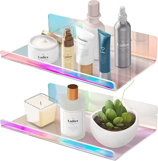 NiHome 2-Pack Medium Iridescent Acrylic Floating Shelves with Edge, 7.9"x4.5" Rainbow Ledge Shelf Adhesive & Screw Wall Mounting Phone Holder Shelf for Home Décor, Bathroom, Kitchen and Office