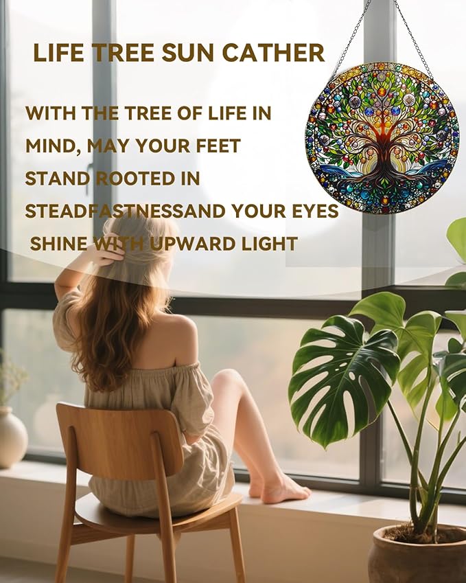 Stained Acrylic Window Handing-Life Tree Suncatcher for Window Doors,Home Decoration, Christmas,Thanksgiving Day,Mother's Day Birthday Gift for Women,Men,and Mom(6In)