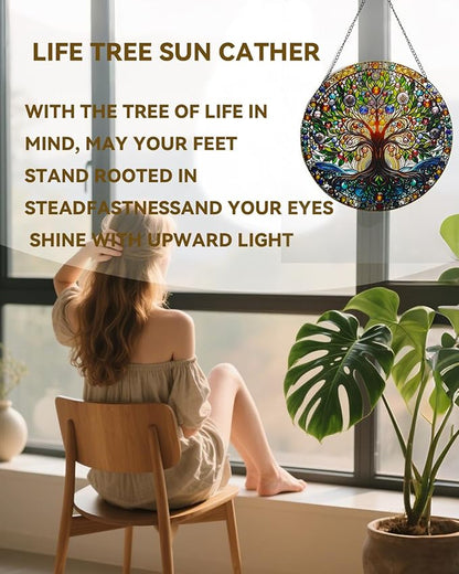 Stained Acrylic Window Handing-Life Tree Suncatcher for Window Doors,Home Decoration, Christmas,Thanksgiving Day,Mother's Day Birthday Gift for Women,Men,and Mom(6In)