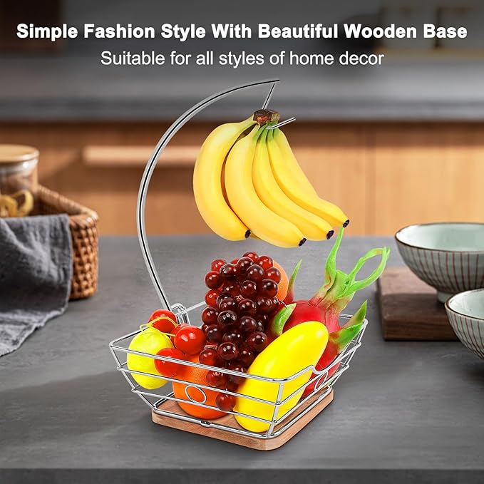 Livabber Countertop Fruit Basket Bowl with Banana Hanger, Modern Standing Fruit Vegetable Bowl Storage, with Banana Tree Holder for Kitchen Dinning Table (Square Wood, Chrome)