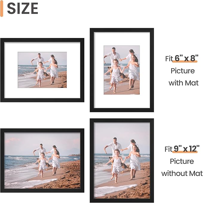 upsimples 9x12 Picture Frame Set of 5, Display Pictures 6x8 with Mat or 9 x 12 Without, Wall Gallery Photo Frames, Black