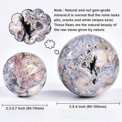 JIC Gem Blue Cherry Blossom Agate Crystal Ball with Stand Healing Crystal Sphere Natural Flower Agate Stone Meditation Home Decor 2.3-2.7 inch (60-70mm)
