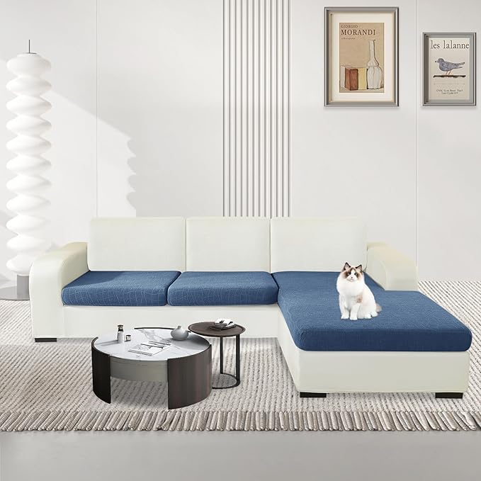 MAXIJIN Waterproof 3 Pieces Couch Cushion Covers for Sectional Sofa Seat Slipcover Stretch Sectional Couch Cover for L Shape Left/Right Chaise with Elastic Bottom (2 Seater + 1 Chaise, Dusty Blue)