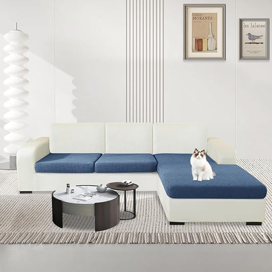 MAXIJIN Waterproof 3 Pieces Couch Cushion Covers for Sectional Sofa Seat Slipcover Stretch Sectional Couch Cover for L Shape Left/Right Chaise with Elastic Bottom (2 Seater + 1 Chaise, Dusty Blue)