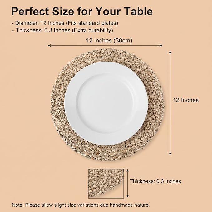 6 Pack 12 Inch Round Rattan Placemats, Wicker Chargers Slip Heat Resistant Rattan Placemat Washable Braided Table Mats Rustic Braided Wicker Chargers for Kitchens and Dining Rooms