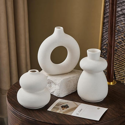 White Ceramic Vase Set of 3 Small Flower Vases for Home Decor, Modern BohoVase for Pampas Grass, Round Decorative Vases Table Centerpieces for Wedding Living Room Shelf Coffee Table (White Vase - A)