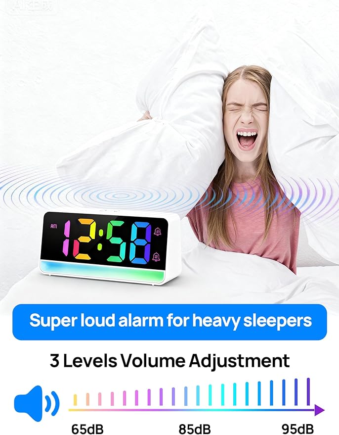 MASHI Loud Alarm Clock for Heavy Sleepers,Digital Clock with 12 Color NightLight,Adjustable Volume,Dynamic RGB Color, Snooze, DST Bedrooms Bedside,ok to Wake for Kids,Teens