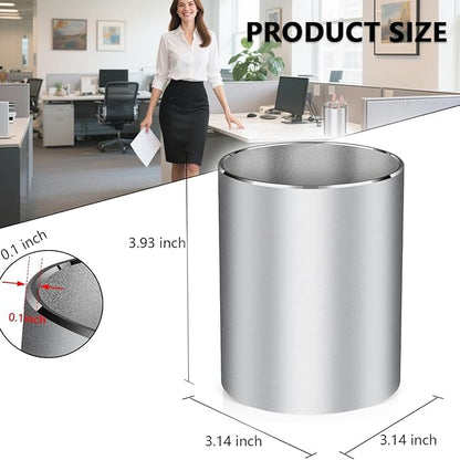Pen Holder for Desk,Metal Aluminum Pencil Holder， for Pen Organizer for Desk, School, Home and Stationary Supplies, Advanced sense Pen Holder Non-Slip Silicone Bottom Round Silver Pencil Cup (Silver)