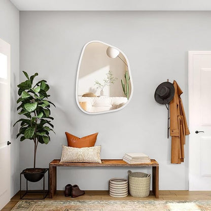 Irregular Wooden Framed Wall Mirror Modern Asymmetrical Unique Hanging Mirror Artistic Boho Mirror Decor Bathroom Vanity Bedroom Living Room Entryway Hallway 20"x16"