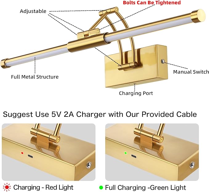 24“ Picture Lights for Wall Battery Operated, Wireless Picture Lights with Remote, Rechargeable Wall Light 3000K/4000K/6000K Dimmable, Art Lighting for Paintings Frame Gallery Dartboard Light, Brass