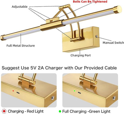 24“ Picture Lights for Wall Battery Operated, Wireless Picture Lights with Remote, Rechargeable Wall Light 3000K/4000K/6000K Dimmable, Art Lighting for Paintings Frame Gallery Dartboard Light, Brass