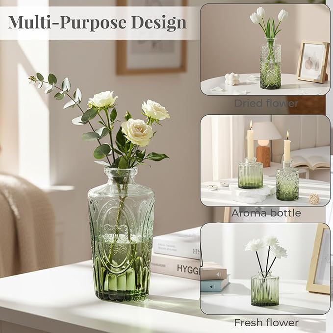 BEAHOT 32 Pack Bud Vase in Bulk,Mini Green Vintage Glass Flower Vases for Centerpieces,Wedding Decor,Party & Home Decaration,Mother's Day (Green-Gradient)